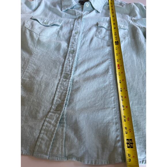 Miss Lili size 2X linen blend blue beachy roll tab half sleeve blouse button up - Picture 7 of 8